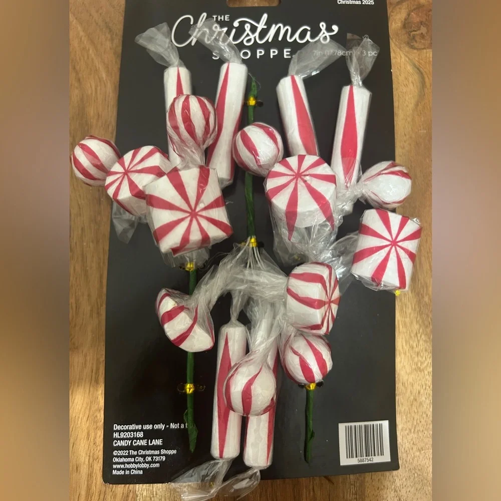 Christmas Shoppe Peppermint Candy Christmas Picks Set of 3 Candy Cane NEW